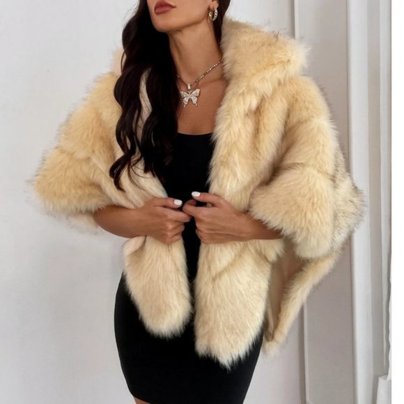 . Jackets & Blazers - faux fur asymmetrical wrap cape chic elegant evening luxury